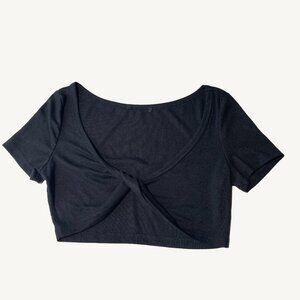 Shein Ribbed Black Cropped Twist Front T-Shirt Top Size Small